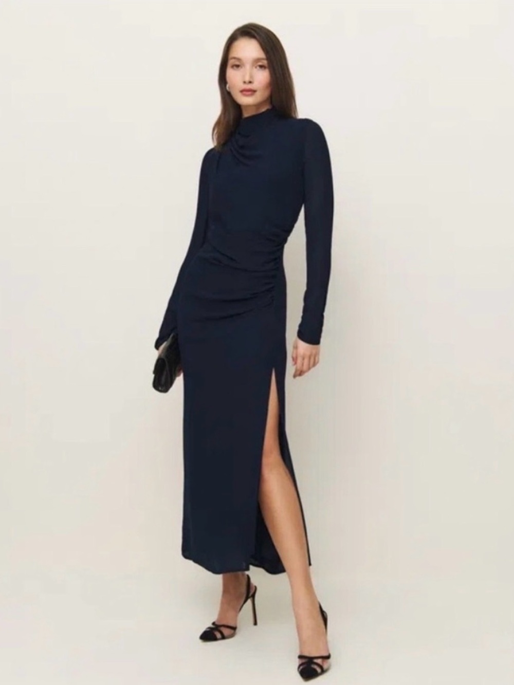 Reformation Tilda Dress. Long Sleeve Navy Ruched Side Maxi Dress